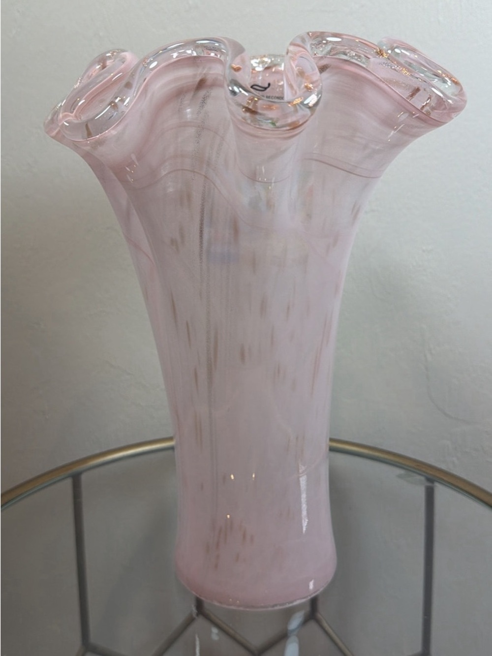 Murano Italy Hand Blown Art Glass Vase 12” Pink Gold Aventurine Ruffled Rim